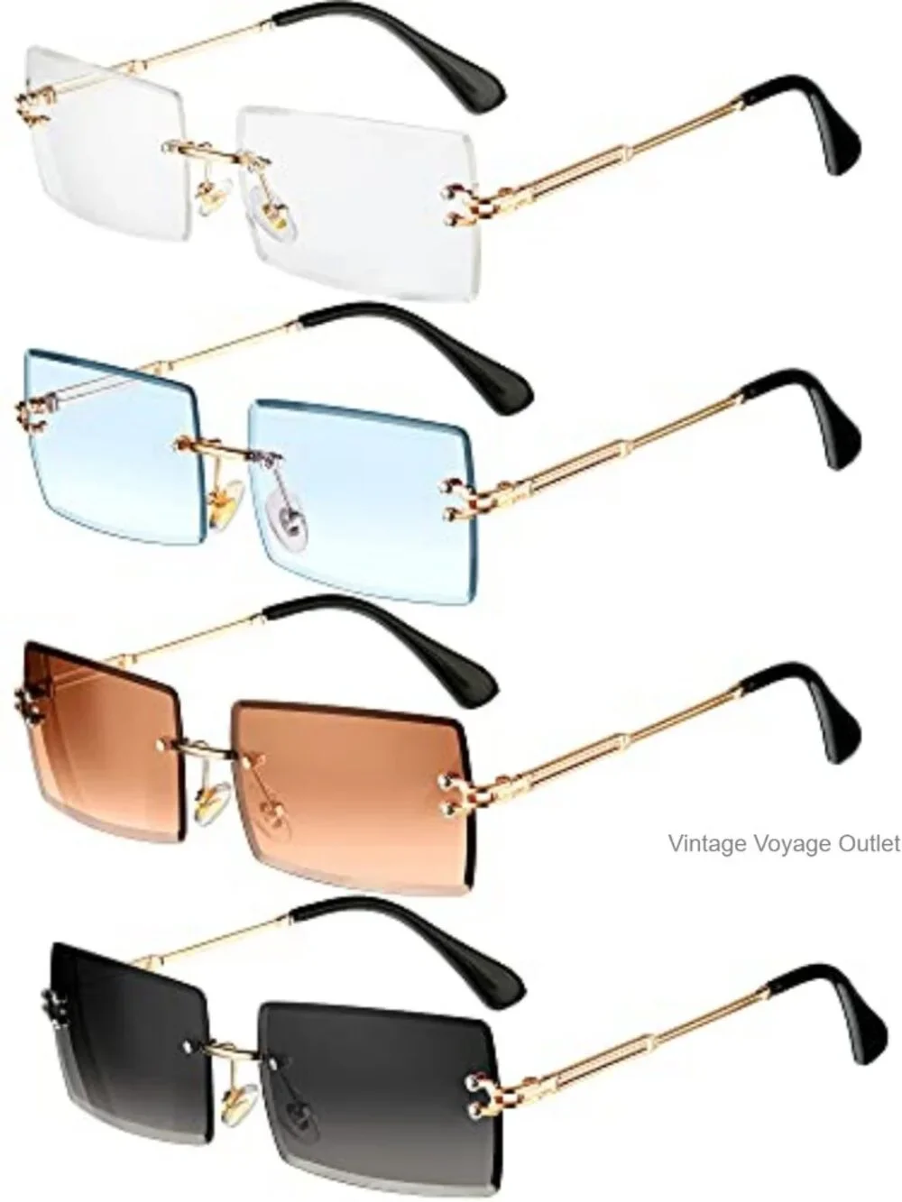 4 Pairs Rimless Rectangle Sunglasses Metal Frame UV Protection